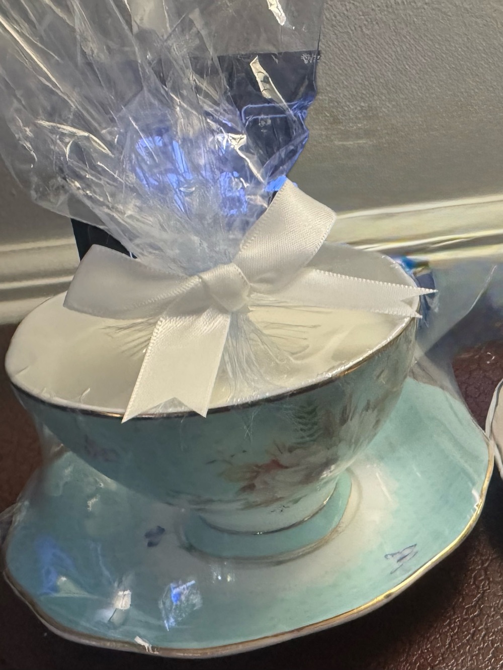 Decorative Blue Teacup and Saucer Gift Set with White Ribbon